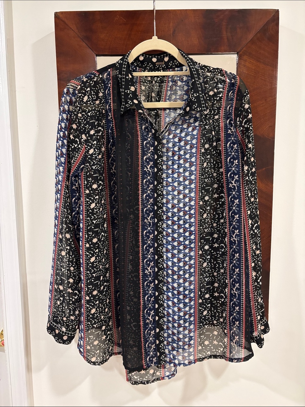 Free People vibrant Boho Striped Floral Button-front tie -back chiffon Blouse
